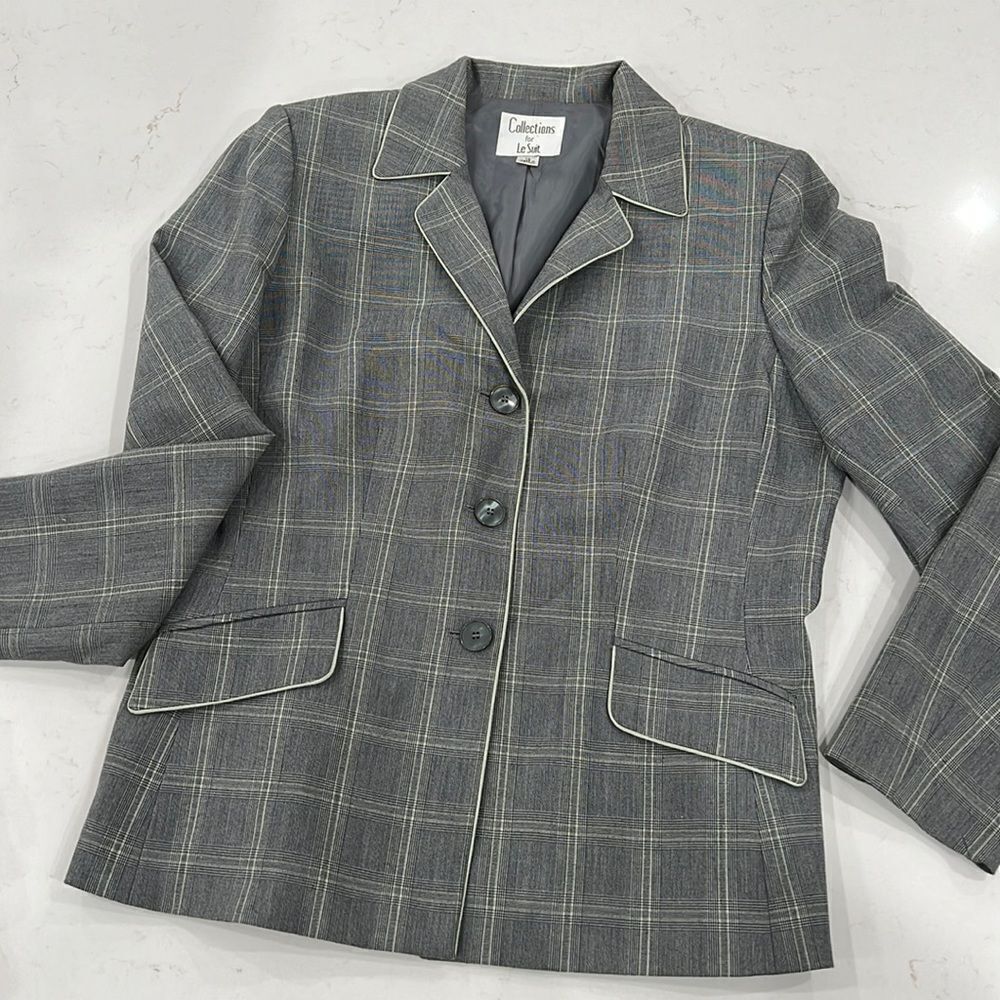 Vintage Le Suit Blazer Women’s Size 12 Gray Mint Plaid Long Sleeve Button Front